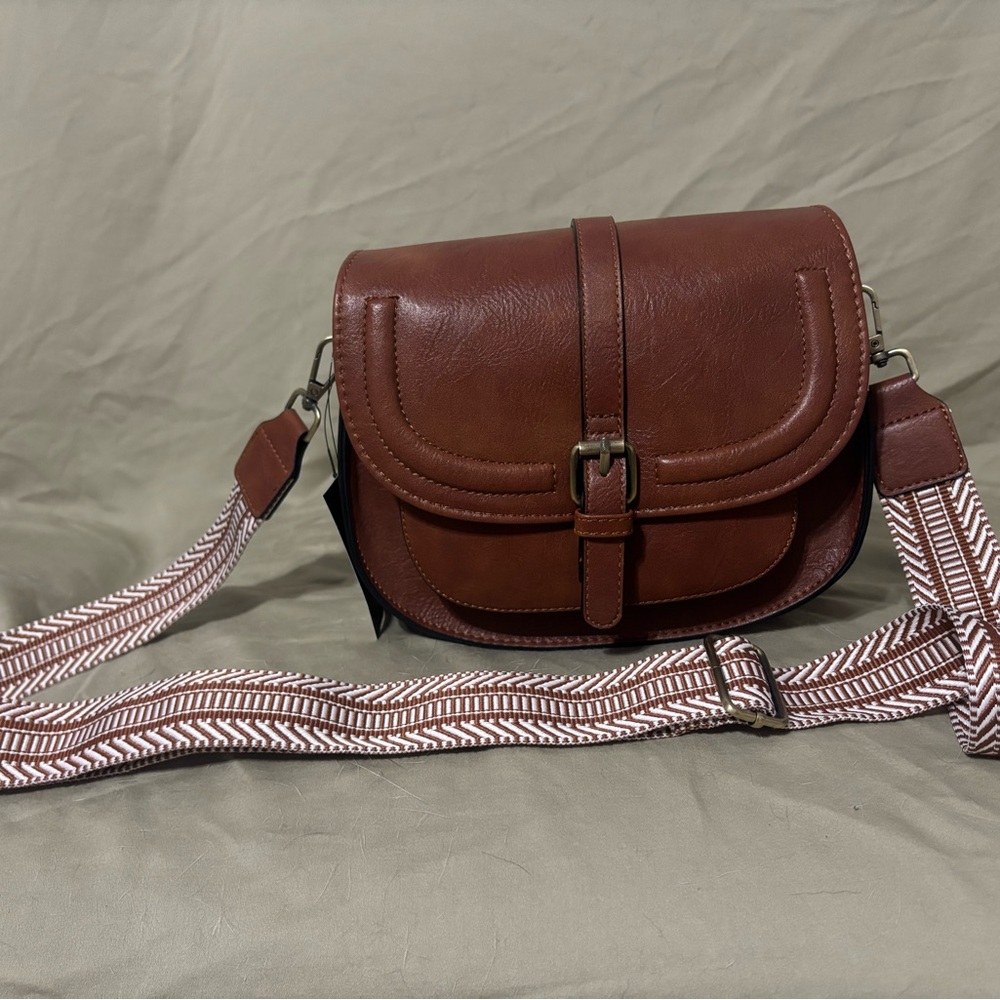 Brown Crossbody Bag with Patterned Strap